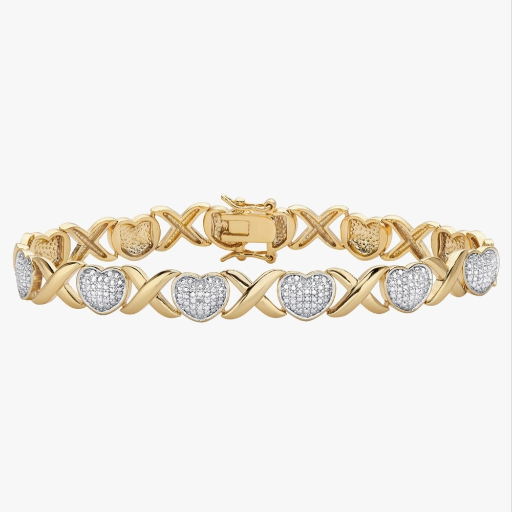 PalmBeach Gold Plated Genuine Diamond Accent Hearts and Kisses Link Bracelet